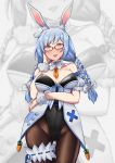  1girl animal_ear_fluff animal_ears bangs bare_shoulders black_leotard blue_hair blush bow braid breasts brown_legwear bunny_ears carrot cleavage covered_navel detached_collar eyebrows_visible_through_hair glasses hair_bow hair_ornament highres hololive large_breasts leg_garter leotard lips long_hair looking_at_viewer mature mini_necktie necktie open_mouth orange_neckwear pekomama persocon93 red-framed_eyewear ribbon_trim smile solo split standing standing_on_one_leg standing_split thick_eyebrows upper_teeth virtual_youtuber white_bow white_hair zoom_layer 