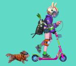  1girl animal animal_ears backpack bag bicycle_helmet bunny_ears cable clothed_animal clothes_writing coat commentary_request digital_media_player dog earphones english_text fake_animal_ears fangs goggles green_background green_legwear helmet holding hood hoodie iroidori4422 kick_scooter knee_pads listening_to_music long_sleeves midriff mouth_hold multicolored multicolored_hoodie orange_coat orange_hair original purple_eyes purple_hoodie running sandals school_bag short_shorts shorts simple_background socks spring_onion standing standing_on_one_leg star_(symbol) tongue tongue_out 