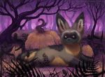  ambiguous_gender bat-eared_fox brown_body brown_fur canid canine dead_tree feral food forest fox fruit fur hi_res lying mammal orange_eyes outside plant pumpkin solo tree uluri 