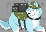  2020 ? backpack black_nose blue_body blue_fur canid canine canis clothing domestic_dog feral fur hat headgear headwear hi_res kemono mammal multicolored_body multicolored_fur solo text tinntira two_tone_body two_tone_fur white_body white_fur 