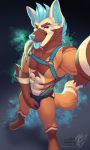  3:5 anthro blue_eyes blue_nipples blue_nose blue_tongue brown_body brown_fur bulge bulge_grab clothing fur gloves_(marking) harness hi_res hyaenid jockstrap leg_markings looking_at_viewer male mammal markings nipples orange_body orange_fur selfie socks_(marking) solo striped_hyena tan_body tan_fur tongue tongue_out underwear vallhund zach_(arbiter_000) 