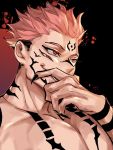  1boy black_nails brown_hair close-up evil_smile extra_eyes face facial_mark fingernails forehead_mark geobubabi hand_on_own_face highres itadori_yuuji jujutsu_kaisen male_focus multicolored_hair pectorals pink_hair red_eyes ryoumen_sukuna_(jujutsu_kaisen) sharp_fingernails short_hair smile spiked_hair tattoo toned toned_male two-tone_hair undercut 