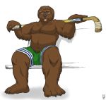  anthro bottomwear canid canine canis carrying claws clothing colored devin_d_parlett digital_media_(artwork) domestic_dog eyebrows eyewear glasses grey_claws grey_nose gym_bottomwear gym_clothing gym_shorts hockey_stick howz leaning leaning_back locker_room male mammal molosser mountain_dog newfoundland_dog on_shoulders pink_tongue shorts simple_background solo thick_fur tongue tongue_out white_background 