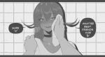  1boy 1girl blush choker come_hither dark_skin drooling eyebrows_visible_through_hair greyscale hand_on_another&#039;s_cheek hand_on_another&#039;s_face hand_on_another&#039;s_shoulder hetero highres long_hair monochrome nyantcha original pov saliva sharp_teeth speech_bubble spot_color sweat teeth tsona_(nyantcha) wiping_face 