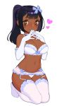  1girl blue_bow blue_choker blush bow bow_bra bra breasts bright_pupils brown_eyes choker cleavage closed_mouth commentary commission dark_skin dark_skinned_female elbow_gloves english_commentary freckles frilled_bra frills full_body garter_belt gloves hair_bow halphelt hands_up highres kneeling large_breasts looking_at_viewer navel original own_hands_together panties pink_panties ponytail print_panties purple_hair simple_background smile solo steepled_fingers thighhighs underwear underwear_only white_background white_bra white_gloves white_pupils 