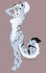  2020 absurd_res anthro areola black_spots breasts digital_media_(artwork) felid feline female fur grey_body grey_fur hair hi_res kyotoleopard mammal nipples nude ponytail simple_background smile solo spots spotted_body spotted_fur standing white_hair 