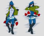  anthro avian blue_bird border clothing dog_tags feathers grey_border jacket looking_at_viewer male netuk presenting pulling_underwear solo topless_male topwear 