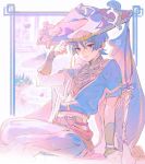 1boy adjusting_clothes adjusting_headwear armor blue_hair border building commentary eyebrows_visible_through_hair feet_out_of_frame genshin_impact highres ichimegasa japanese_armor japanese_clothes kanataria looking_at_viewer male_focus muted_color outdoors pastel_colors scaramouche sitting solo 