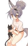  1girl absurdres animal animal_ears black_panties breasts cat collarbone cropped_shirt finger_to_nose ghost_(tama) hair_between_eyes hair_bun highres holding holding_animal looking_down midriff navel original panties shirt small_breasts solo tail underwear white_background white_shirt wolf_ears wolf_girl wolf_tail yellow_eyes 