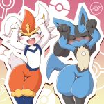  acky arms_up blush caramelldansen cinderace closed_eyes commentary_request embarrassed fang furry gen_4_pokemon gen_8_pokemon highres lucario open_mouth outline poke_ball_symbol pokemon pokemon_(creature) sweatdrop thigh_gap tongue yellow_fur 