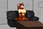  anthro besa_(besathesheep) big_breasts bovid breasts caprine casting_couch clothed clothing diolouge duo female fur hair horn joushi male mammal sheep simple_background smile text 