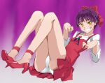  1girl bow breasts dress gegege_no_kitarou graphite_(medium) hair_bow looking_at_viewer millipen_(medium) nekomusume nekomusume_(gegege_no_kitarou_6) onnaski panties pointy_ears purple_hair red_bow red_dress shirt short_hair smile solo thighs traditional_media underwear white_shirt yellow_eyes 