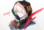  1boy black_coat blue_eyes closed_mouth coat commentary_request cropped_shoulders fate/grand_order fate_(series) hair_over_one_eye head highres hood hood_up karna_(santa)_(fate) looking_at_viewer male_focus pale_skin short_hair simple_background slime_(user_jpds8754) smile solo white_background white_hair 