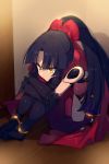  1girl android bangs black_hair bow breasts buckle cis05 closed_mouth commentary eyebrows_visible_through_hair fate/grand_order fate_(series) gauntlets hair_bow indoors japanese_clothes joints katou_danzou_(fate/grand_order) long_hair mechanical_arms mechanical_parts medium_breasts ninja ponytail red_bow red_scarf robot robot_joints scarf sitting solo twitter_username yellow_eyes 