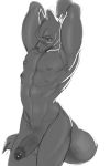  2:3 anthro balls canid canine erection fishboner_(artist) genitals hair humanoid_genitalia humanoid_penis looking_down male mammal monochrome multi_nipple muscular muscular_anthro muscular_male nipples nude penis ponytail pose simple_background solo white_background 
