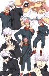  2boys black_hair black_jacket blindfold blue_eyes collage gojou_satoru hair_between_eyes hand_up highres itadori_yuuji jacket jujutsu_kaisen long_sleeves male_focus multicolored_hair multiple_boys multiple_views ok_sign pink_hair red_scarf round_eyewear ryoumen_sukuna_(jujutsu_kaisen) scarf short_hair smile spiked_hair sunglasses teuttnlat_(kaaagaaamiii) toned toned_male two-tone_hair undercut v white_hair 