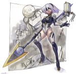 1girl adapted_costume black_gloves black_hairband breasts crossover emil_(nier) floating_hair gloves green_eyes hairband highres holding holding_lance holding_polearm holding_weapon lance leotard mecha mechanization medium_breasts mole mole_under_mouth neon_genesis_evangelion nier_(series) nier_automata oomasa_teikoku open_hand plugsuit pod_(nier_automata) polearm robot short_hair skin_tight solo_focus thighhighs weapon white_hair yorha_no._2_type_b 