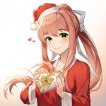  1girl alternate_costume artist_name bangs box brown_hair commentary doki_doki_literature_club eyebrows_visible_through_hair gradient gradient_background green_eyes hair_ribbon hat heart heart-shaped_box highres long_hair long_sleeves looking_at_viewer monika_(doki_doki_literature_club) pom_pom_(clothes) ponytail ribbon santa_dress santa_hat sasoura simple_background smile solo symbol_commentary upper_body white_ribbon wide_sleeves 