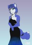  2020 absurd_res anthro atypi black_clothing black_dress blue_body blue_eyes blue_fur blue_hair canid canine clothing digital_drawing_(artwork) digital_media_(artwork) dress evening_dress female fox fur grey_background hair hi_res jewelry krystal looking_at_viewer mammal multicolored_body multicolored_fur multicolored_tail necklace nintendo signature simple_background solo star_fox tailband text video_games white_body white_fur 
