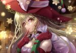  1girl adapted_costume akane_hazuki bag blonde_hair blurry blurry_background bokeh bow braid breasts christmas cleavage commentary_request depth_of_field elbow_gloves eyebrows_visible_through_hair finger_to_mouth gloves hair_between_eyes hair_bow hat hat_bow head_tilt holding holding_bag kirisame_marisa lens_flare long_hair looking_at_viewer medium_breasts parted_lips pom_pom_(clothes) red_gloves red_headwear side_braid snowflakes snowing solo touhou upper_body white_bow witch_hat yellow_eyes 