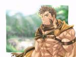  1boy abs bara bare_pecs biceps blurry blurry_background brown_eyes brown_hair bulge chain chest_harness facial_hair flaming_eye goatee harness hercules_(tokyo_houkago_summoners) highres male_focus muscle navel navel_hair nipples pectorals revealing_clothes saro_(rotsw_00022) scar scar_on_chest short_hair sideburns solo stomach stubble textless thick_thighs thighs tokyo_houkago_summoners upper_body veins yellow_eyes 