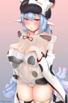  1girl absurdres animal_ears animal_print bangs bare_shoulders bikini blue_hair blush breasts collarbone cow_ears cow_girl cow_hat cow_print cow_tail detached_collar detached_sleeves draph ear_piercing gradient gradient_background granblue_fantasy hands_on_own_chest hat highleg highleg_bikini highres large_breasts long_hair looking_at_viewer micro_shorts navel open_mouth orange_eyes piercing pink_background pointy_ears shatola_(granblue_fantasy) sheer_clothes short_shorts shorts swimsuit tail thighhighs thighs togare white_bikini white_shorts wide_sleeves 