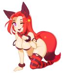  1girl :d all_fours animal_ears arm_support body_freckles breasts bright_pupils cleavage commentary commission english_commentary fang fox_ears fox_tail fur_collar halphelt hand_up highres large_breasts long_hair looking_at_viewer one_eye_closed open_mouth original paw_pose purple_eyes red_hair red_legwear simple_background smile solo star_(symbol) strap_slip striped striped_legwear tail thighhighs white_background white_pupils wristband 