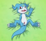  5_fingers anal_juice blue_body blush claws dakimakura_design digimon digimon_(species) fingers head_markings male markings open_mouth p.v.su red_eyes reptile scalie semi-anthro slit solo toe_claws tongue veemon white_body yellow_markings 