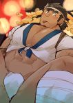  1boy abs bara bare_pecs blush bulge dark_skin dark_skinned_male facial_hair festival forked_eyebrows from_below fundoshi hachimaki happi headband highres japanese_clothes looking_at_viewer male_focus midriff muscle navel nipples open_clothes pectorals plump sawch_cls short_hair sideburns solo spread_legs stomach stubble tenjin_(tokyo_houkago_simmoners) thighs tokyo_houkago_summoners tongue tongue_out 