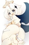  1girl :d absurdres ass barefoot black_cape black_eyes cape commentary feet genshin_impact hair_ornament halo highres looking_at_viewer open_mouth paimon_(genshin_impact) pale_skin short_hair simple_background slugbox smile soles solo white_background 