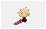  1boy blonde_hair boots buster_sword chibi cloud_strife final_fantasy final_fantasy_vii grey_background looking_up nin_nakajima simple_background single_sleeve solo spiked_hair squinting super_smash_bros. 