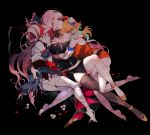  3girls ahoge bandages bangs black_background black_bow bow breast_pillow breasts chef_hat chino_machiko cleavage colored_skin detached_sleeves double_bun flower gradient_hair hair_bow hat holding hololive hololive_english hololive_indonesia idol kureiji_ollie long_hair looking_at_viewer mori_calliope multicolored_hair multiple_girls orange_hair petals pink_eyes pink_hair red_bow red_hair stitched_face stitches takanashi_kiara thighhighs tiara torn_clothes veil virtual_youtuber yuri zombie 