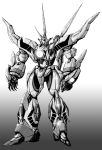  glowing glowing_eye gradient gradient_background greyscale hades_project_zeorymer highres horns looking_ahead mecha monochrome no_humans one-eyed open_hands shiny single_horn standing super_robot vzmk2 zeorymer 