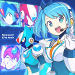  1girl 4boys android anniversary axl bangs blonde_hair blue_eyes blue_hair breasts brown_hair degarashi_(ponkotsu) eyebrows_visible_through_hair green_eyes headphones helmet holding large_breasts long_hair multiple_boys open_mouth ponytail rico_(rockman) rockman rockman_x rockman_x_dive scar short_hair shorts side_ponytail smile via_(rockman) x_(rockman) zero_(rockman) 