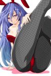  1girl animal_ears bare_shoulders blue_hair breasts bunny_ears cleavage eyebrows_visible_through_hair eyes_visible_through_hair fishnets highres iris_heart iwashi_dorobou_-r- kami_jigen_game_neptune_v large_breasts leotard long_hair looking_at_viewer neptune_(series) purple_eyes smile solo symbol-shaped_pupils very_long_hair wrist_cuffs 