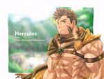  1boy abs bara bare_pecs biceps blurry blurry_background brown_cape brown_eyes brown_hair cape character_name chest_harness copyright_name facial_hair flaming_eye goatee harness hercules_(tokyo_houkago_summoners) highres male_focus muscle nipples pectorals revealing_clothes saro_(rotsw_00022) scar scar_on_chest short_hair solo stomach tokyo_houkago_summoners upper_body veins yellow_eyes 