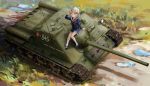  1girl blue_eyes caterpillar_tracks day english_commentary grass ground_vehicle hair_ornament highres light_brown_hair military military_vehicle motor_vehicle original pants russian_text shirt sitting smile soviet star_(symbol) su-85 tank water yorktown_cv-5 