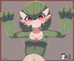  1girl absurdres arms_up artist_name bangs blush bob_cut border bottle breast_expansion breasts brown_background brown_border closed_mouth collarbone colored_skin commentary english_commentary engrish_commentary gardevoir gen_3_pokemon green_hair green_skin hair_between_eyes highres looking_down milk_bottle moomoo_milk motion_lines multicolored multicolored_skin number outside_border pokemon pokemon_(creature) red_eyes ryuusui_arumo shiny shiny_hair shiny_skin short_hair signature simple_background small_breasts solo sweat two-tone_skin upper_body white_skin 