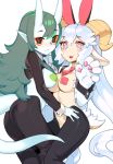  2girls :3 animal_ears asymmetrical_docking black_pants blue_eyes blush breast_press breasts bright_pupils bunny_ears claws closed_mouth colored_skin commentary commission copyright_request english_commentary eyeshadow from_side green_hair halphelt hands_up highres horns long_hair long_sleeves looking_at_viewer looking_to_the_side makeup medium_breasts meme_attire monster_girl multicolored multicolored_eyes multiple_girls necktie pants pasties paw_pose paws pink_eyes pointy_ears red_neckwear reverse_bunnysuit reverse_outfit shrug_(clothing) simple_background skin-covered_horns smile tail upper_teeth very_long_hair white_background white_hair white_pupils white_skin wrist_cuffs yellow_sclera 