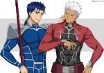  2boys akujiki59 anger_vein annoyed archer artist_name blue_bodysuit blue_hair bodysuit cheek_pinching commentary_request covered_abs cu_chulainn_(fate)_(all) dark_skin dark_skinned_male earrings fate/stay_night fate_(series) gae_bolg grey_background grey_hair grin hand_on_hip hand_up jewelry lancer long_hair long_sleeves male_focus multiple_boys pinching polearm ponytail red_eyes short_hair shoulder_plates smile spear two-tone_background upper_body weapon white_background white_hair 