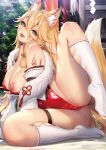  1girl animal_ears bangs blonde_hair blush breasts comic_unreal detached_sleeves fang fox_ears fox_girl fox_tail highres kneehighs large_breasts leotard long_hair looking_at_viewer masami_chie nipples open_mouth red_leotard saliva solo spread_legs tail white_legwear 