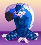  2020 4_toes 5_fingers anthro barefoot blep blue_body blue_eyes blue_fur blue_hair canid canine canis citrinelle digital_media_(artwork) domestic_dog eyebrows eyelashes fingers fur hair hi_res kneeling male mammal simple_background smile solo toes tongue tongue_out white_body white_fur 