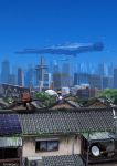  1girl absurdres blue_skirt bridge flying from_behind hat highres hozumi_(ouchan) original robot rooftop sandals scenery school_uniform science_fiction serafuku skirt skyline space_craft walking 