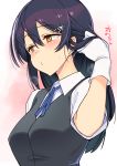  1girl black_hair black_vest blue_ribbon blush collared_shirt eyebrows_visible_through_hair gloves hair_between_eyes hair_ornament heart kantai_collection long_hair neck_ribbon oyashio_(kantai_collection) ribbon shirt short_sleeves solo taketora_suzume upper_body vest white_gloves white_shirt yellow_eyes 