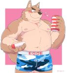  2020 anthro blush brown_body brown_fur bulge canid canine canis clothing domestic_dog fur kemono male mammal navel nipples overweight overweight_anthro overweight_male sippo solo tenga tenga_egg underwear 