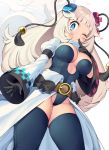  1girl bangs black_gloves black_legwear blonde_hair blue_eyes blunt_bangs blush breasts character_request copyright_request detached_sleeves eyebrows_visible_through_hair gloves heart highres iroyopon large_breasts long_hair long_sleeves looking_at_viewer solo thighhighs 