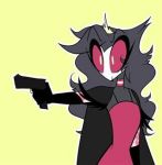  2020 angry anthro avian bird black_body black_feathers black_hair clothing crown demon dress feathers female fluffy gun hair helluva_boss long_hair low_res octavia_(vivzmind) owl pointing_gun pupils ranged_weapon red_clothing red_dress red_eyes solo tiara unknown_artist weapon white_pupils 
