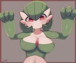  1girl absurdres arms_up artist_name bangs blush bob_cut border breasts brown_background brown_border closed_mouth collarbone colored_skin commentary covered_nipples english_commentary engrish_commentary gardevoir gen_3_pokemon green_hair green_skin hair_between_eyes highres large_breasts looking_down multicolored multicolored_skin outside_border pokemon pokemon_(creature) red_eyes ryuusui_arumo shiny shiny_hair shiny_skin short_hair signature simple_background solo sweat two-tone_skin upper_body white_skin 