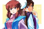  1980s_(style) 2girls :o anice_farm back-to-back bangs breasts brown_hair chouon_senshi_borgman crossover dated earrings eyebrows_visible_through_hair finger_to_cheek hades_project_zeorymer hat himuro_miku hoshino_(pixiv12796893) jewelry long_hair looking_at_viewer medium_breasts multiple_girls open_mouth purple_eyes red_hair retro_artstyle white_headwear 