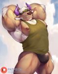  1boy animal_ears armpits arms_behind_head ass bara biceps black_male_underwear briefs brown_fur bulge camouflage camouflage_headwear chest_hair cow_ears cow_horns facial_hair furry goatee green_tank_top headband highres horns kusu_(x_kusunagi_x) male_focus minotaur muscle nipple_slip nipples patreon_username pectorals purple_eyes purple_horns reward_available shennong_(tokyo_houkago_summoners) short_hair tank_top thick_thighs thighs tokyo_houkago_summoners underwear white_hair 